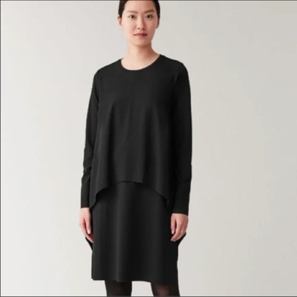 COS Black Asymmetric, Layered Long-Sleeved Dress Size Medium